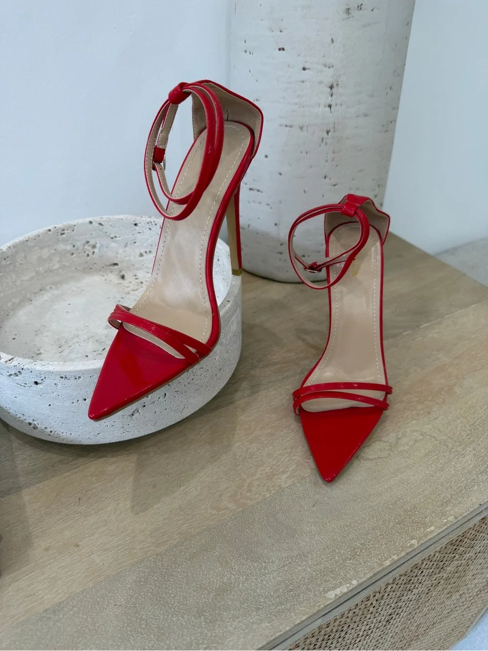 Rare Find PrettyLittleThing Red Strappy Ankle-Tie Pointed Pumps